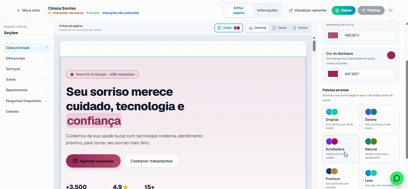 Demonstração do painel de edição da LandingPro